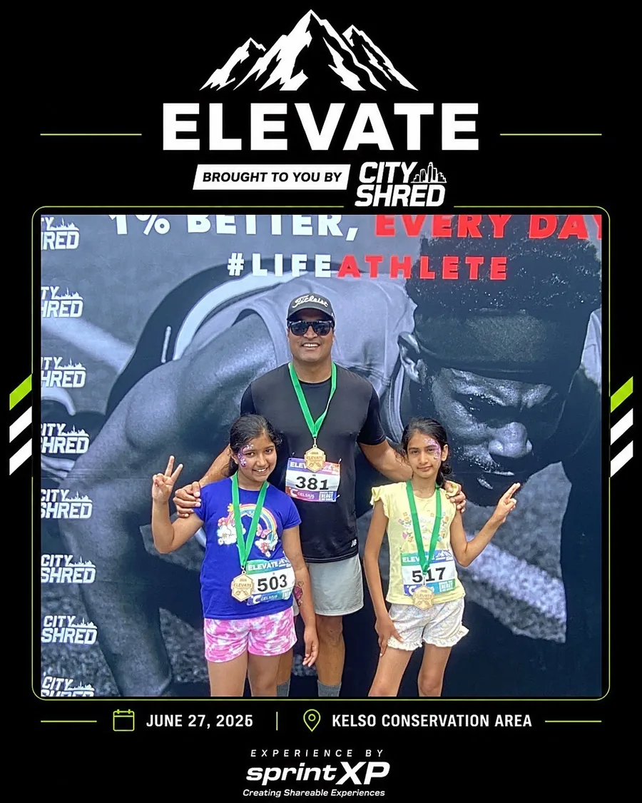 Family posing together after a community race