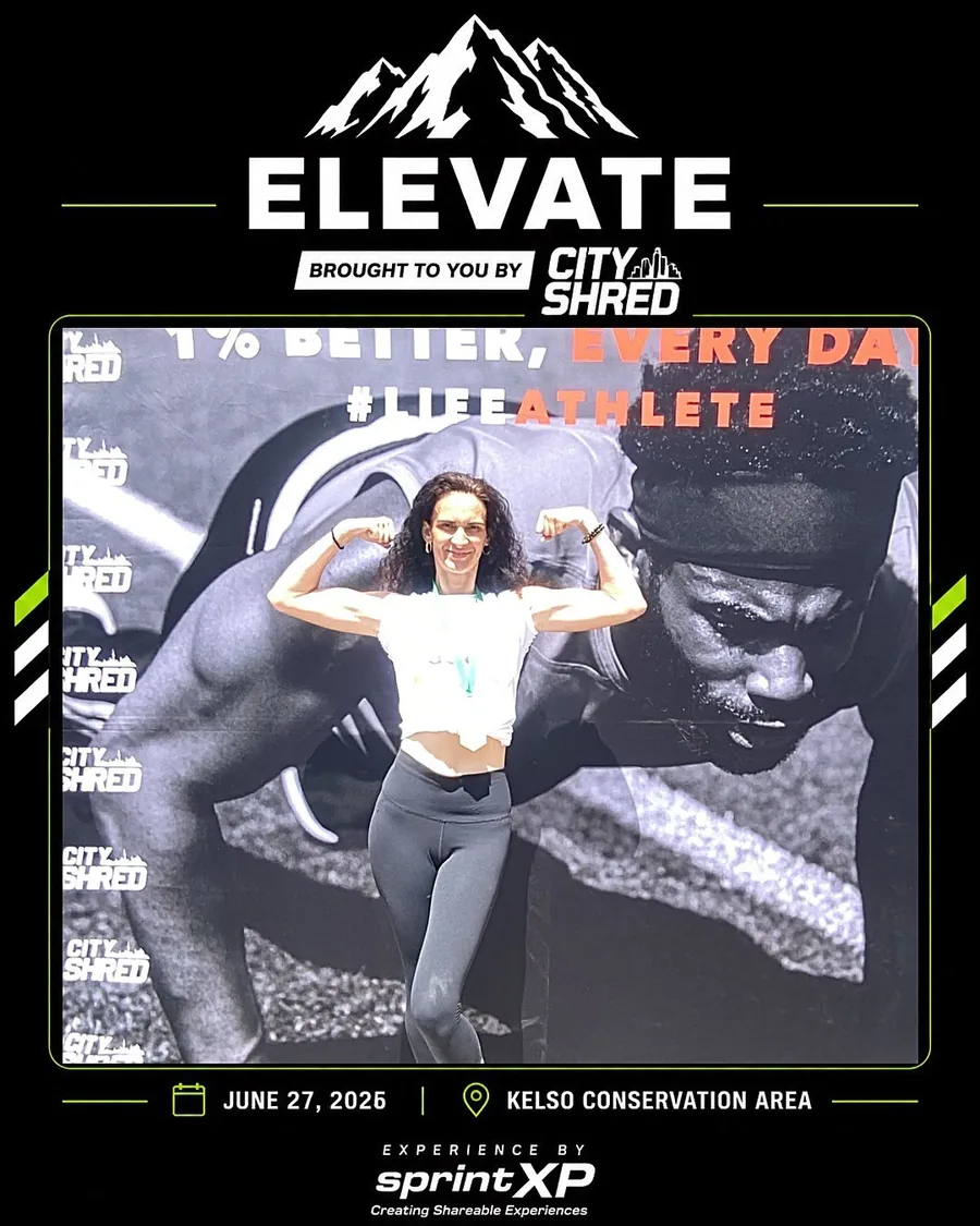 Runner flexing inside a branded photo frame
