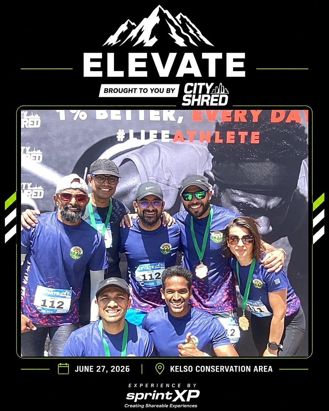 Run club group posing inside a SprintXP branded photo frame